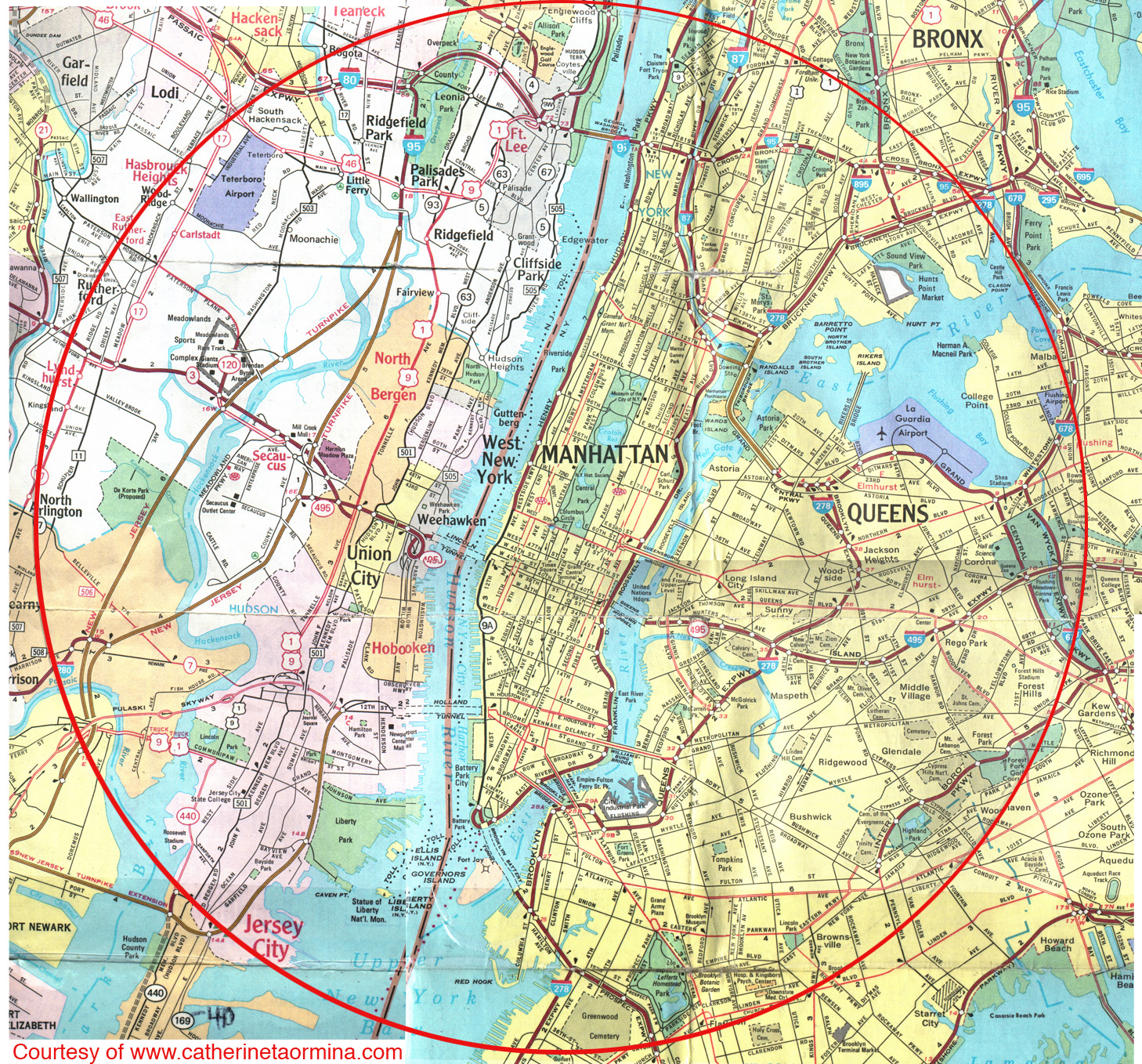 8 Mile Radius Map Of Nyc Starting Point Columbus Cirlce Sag