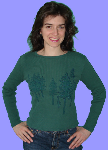 photo of Catherine Taormina in green shirt with design of trees on it