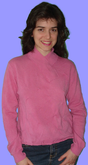 photo of Catherine Taormina in pink refashioned cashmere